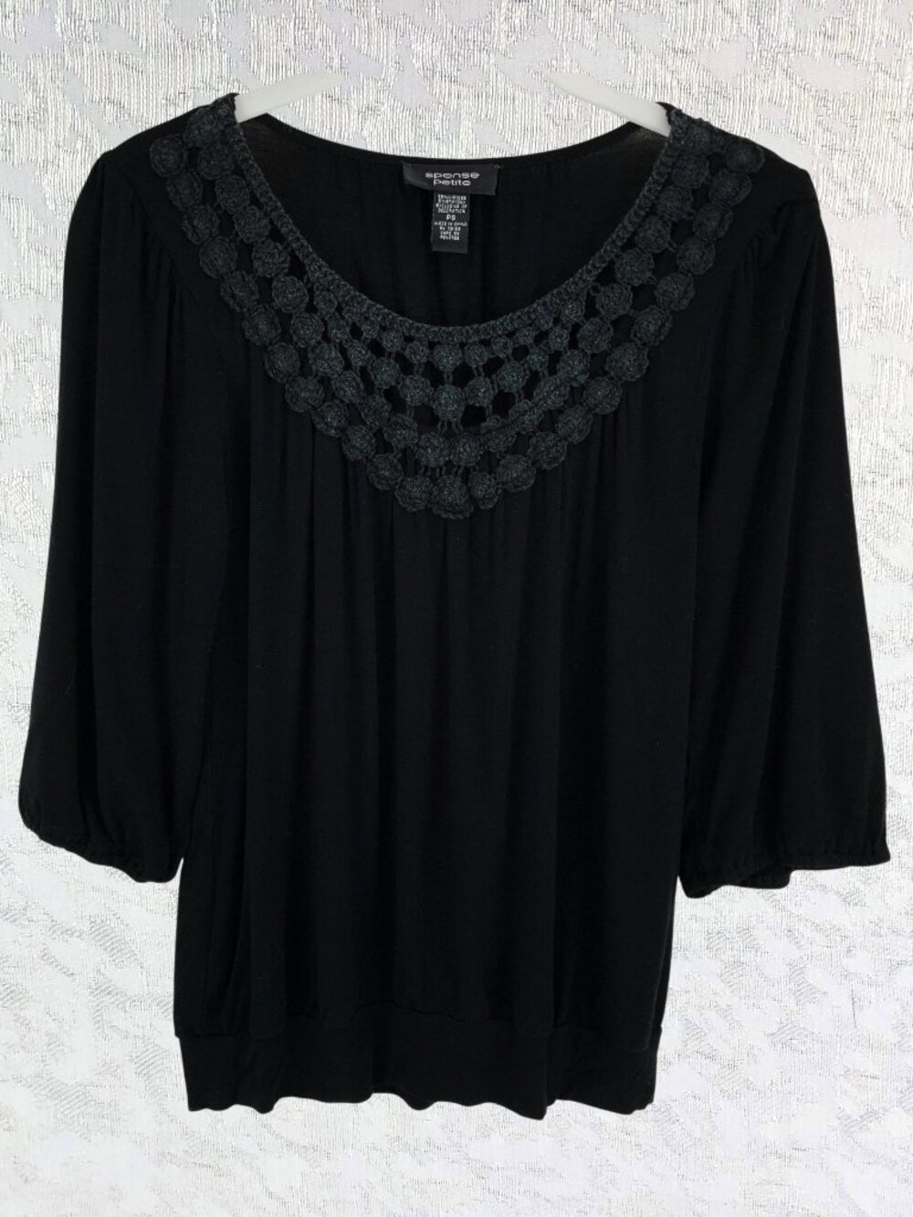 Spense Petite Black 3/4 Sleeve Blouse Soft Boho with Crochet Neck Trim Size SP